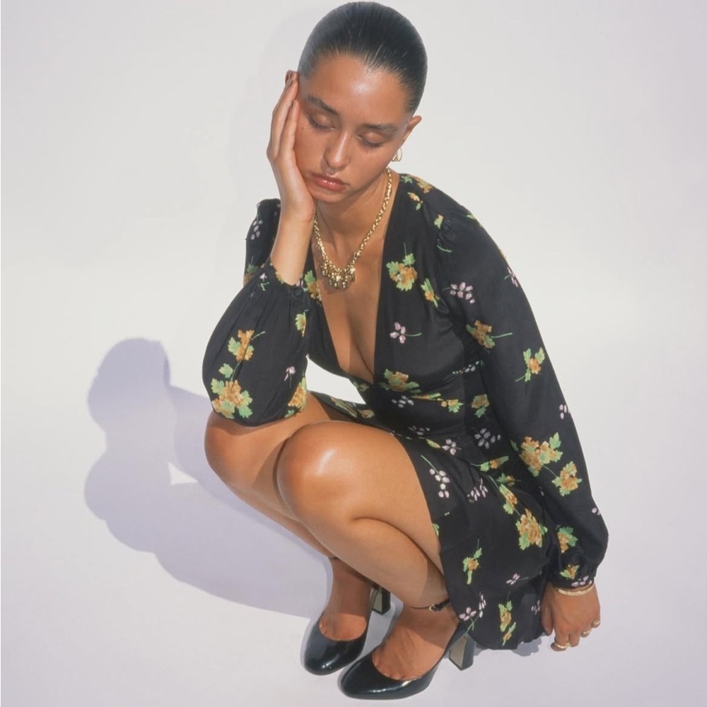 Realisation Par The Kate Long Sleeve Floral Babydoll Silk Mini Dress In Blossom